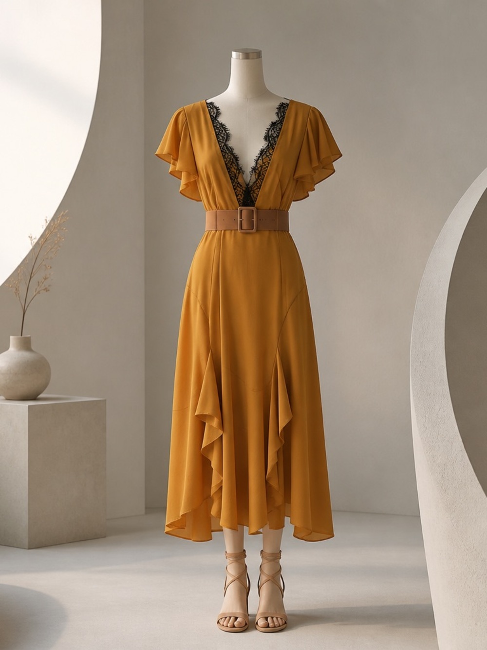 # 279 Topshop Mustard Yellow Deep V High-Low Dress with Black Lace Trim